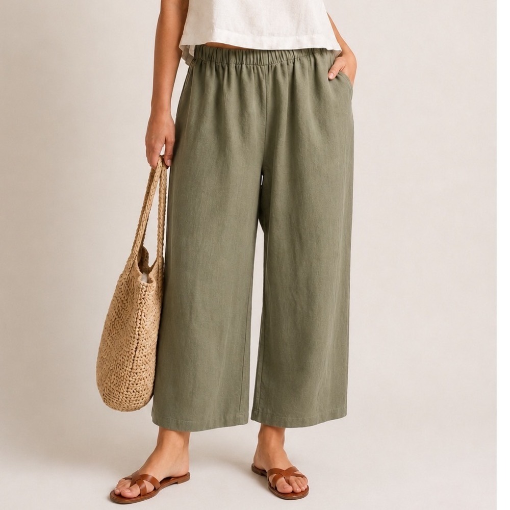 Flax Linen Blend Wide Leg High Rise Pull On Ankle Pants Large Olive Green NEW